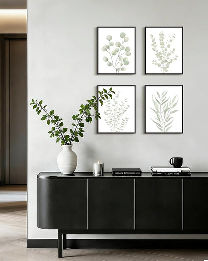 Drsoum Botanical Plant Framed Wall Art Boho Wall Decor for Bathroom Sage Green Eucalyptus Leaf Prints Minimalist Aesthetic Ready to Hang Set of 4, 11x14 in (Black Framed)