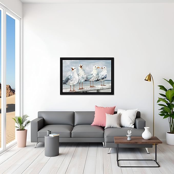 sechars Seabirds Wall Art Coastal Beach Scene with Seagulls Painting Framed Canvas Prints Vintage Farmhouse Decor 16"x24"