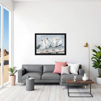 sechars Seabirds Wall Art Coastal Beach Scene with Seagulls Painting Framed Canvas Prints Vintage Farmhouse Decor 16"x24"