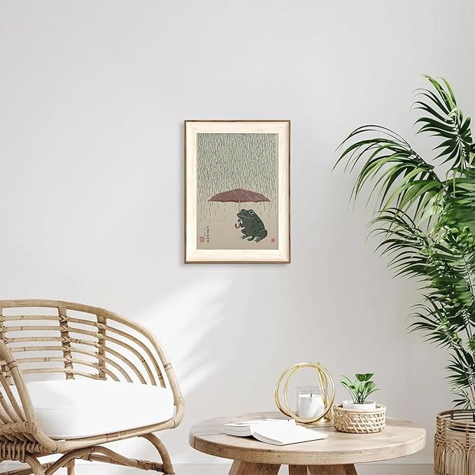 ASTRDECOR Funny Frog Wall Art, Whimsical Frog Framed Canvas Print, Retro Animal Rainy Day Japanese-Style Artwork for Living Room, Bedroom, Bathroom 12x16in