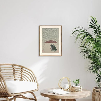 ASTRDECOR Funny Frog Wall Art, Whimsical Frog Framed Canvas Print, Retro Animal Rainy Day Japanese-Style Artwork for Living Room, Bedroom, Bathroom 12x16in