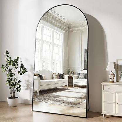 Full Length Mirror, 78"x35" Arched Full Body Mirrors, Large Floor Mirror with Stand, Hanging Mounted for Bedroom Living Room Cloakroom, Aluminum Alloy Frame, Black