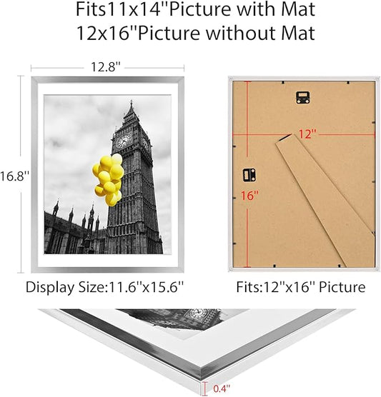 12x16 Picture Frames Set of 6 with Plexiglass, Display Pictures 11x14 with Mat or 12x16 Without Mat for Tabletop Display and Wall Mounting,Silver