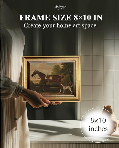 HUARCEY Gold Framed Vintage Wall Art for Living Room, Animals Painting Prints Shelf Decor for Kitchen, Aesthetic Bedroom Wall Art, Best Gifts for Friends or Family - Human Horse Dog 10L x 8W