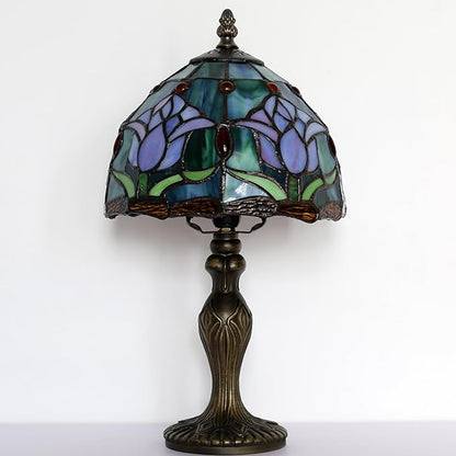 Tiffany Style Lamp Stained Glass Table Lamp 8" x 14.5" Mini Accent Light Pink Tulip Design Small Decorative Bedside Bedroom Living Room Memory Lamp