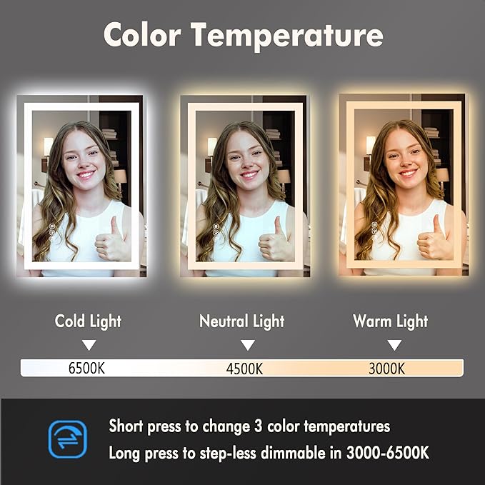 GarveeHome 30 in x 22 in Led Bathroom Mirror with Front and Backlit, Stepless Dimmabl, Anti-Fog, Shatter-Proof, Memory, Wall Mounted Lighted Vanity Mirror(Horizontal/Vertical)