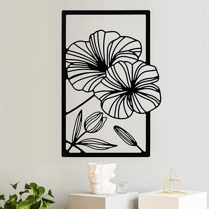4 Pcs Metal Wall Art 16.5 x 11.8'' Line Art Wall Decor Floral Minimalist Decor Hanging Flower Aesthetic Modern for Living Room Bedroom Bathroom Kitchen Decoration(Black)