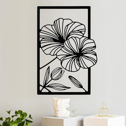 4 Pcs Metal Wall Art 16.5 x 11.8'' Line Art Wall Decor Floral Minimalist Decor Hanging Flower Aesthetic Modern for Living Room Bedroom Bathroom Kitchen Decoration(Black)