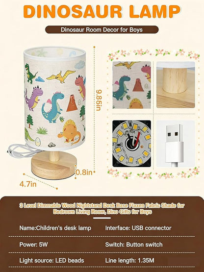 Kids Table Lamp for Bedroom,Dinosaur Room Decor for Boys,3 Level Dimmable Wood Nightstand Desk Base Flaxen Fabric Shade for Bedroom Living Room,Dinosaur Gifts for Boys (Colour)