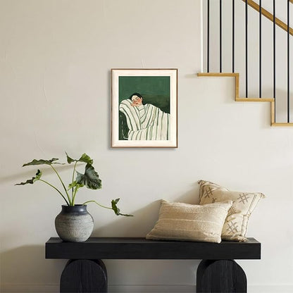ASTRDECOR Minimalist Framed Wall Art - Cozy Woman Sleeping on Couch, Emerald Green & White Striped Blanket, Modern Aesthetic Bedroom or Living Room Décor, Eclectic Canvas Art Prints for Apartment 10x12Inch