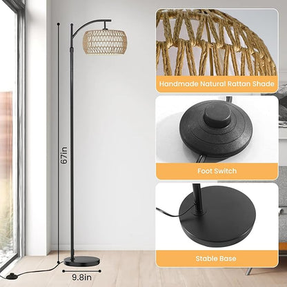 Yusist Arc Floor Lamp for Living Room,Farmhouse Floor Lamps with Remote Control & Dimmable Bulb, Boho Rattan Tall Standing Lamp for Bedroom Office