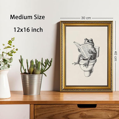 YD&YZY Gold Framed Funny Bathroom Frog Wall Art Canvas Frog on Toilet Reading Newspaper Wall Decor Unique Cute Animal Painting Picture Print Artwork for Bedroom Bathroom 12x16 inch Framed