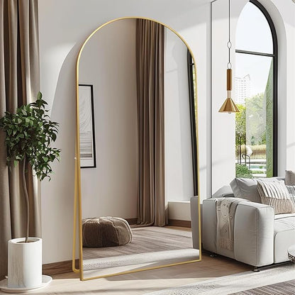 Beauty4U 76" x 37" Arched Full Length Mirror with Stand, Large Floor Mirror for Bedroom & Living Room, HD Tempered Glass Wall Mounted or Leaning Dressing Mirror, Gold Metal Frame