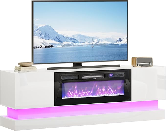 WelFurGeer 36" Electric Fireplace TV Stands with LED Lights, High-Gloss Modern Media Console Table for TV up to 75", White Fireplace TV Stand with Storage, Entertainment Center for Living Room