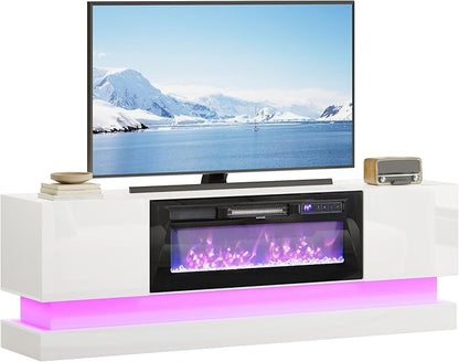 WelFurGeer 36" Electric Fireplace TV Stands with LED Lights, High-Gloss Modern Media Console Table for TV up to 75", White Fireplace TV Stand with Storage, Entertainment Center for Living Room