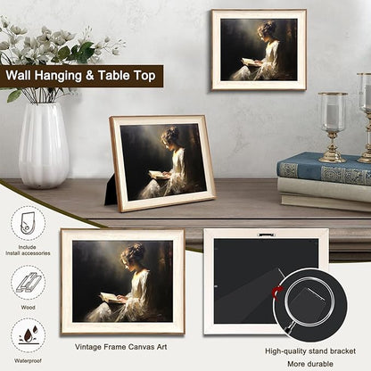 Framed Wall Art Vintage Decor, Classical Reading Woman Portrait Oil Painting, Antique Framed Canvas Print Artwork, Retro Moody Bathroom Decor Vintage Art Wall Decor Aesthetic- 10x12Inch