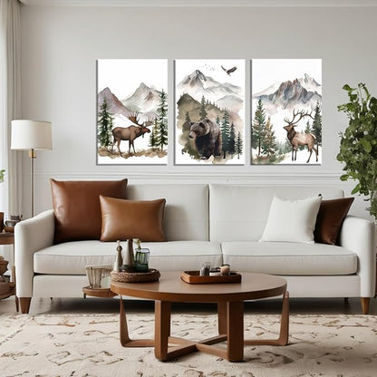 Woodland Animal Canvas Wall Art 3 Piece - Moose Elk Bear in Forest Picture Vintage Painting Rustic Farmhouse Wildlife Prints Home Wall Decor Framed(Art-3,20.00"x28.00"x3P)