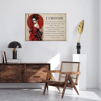 Motivational Japanese Geisha Canvas Wall Art Prints Red Moon Wall Decor Samurai Painting Inspirational Quotes I Choose Poster Framed for Hotel Living Room Bedroom Framed (28''W x 44''H)