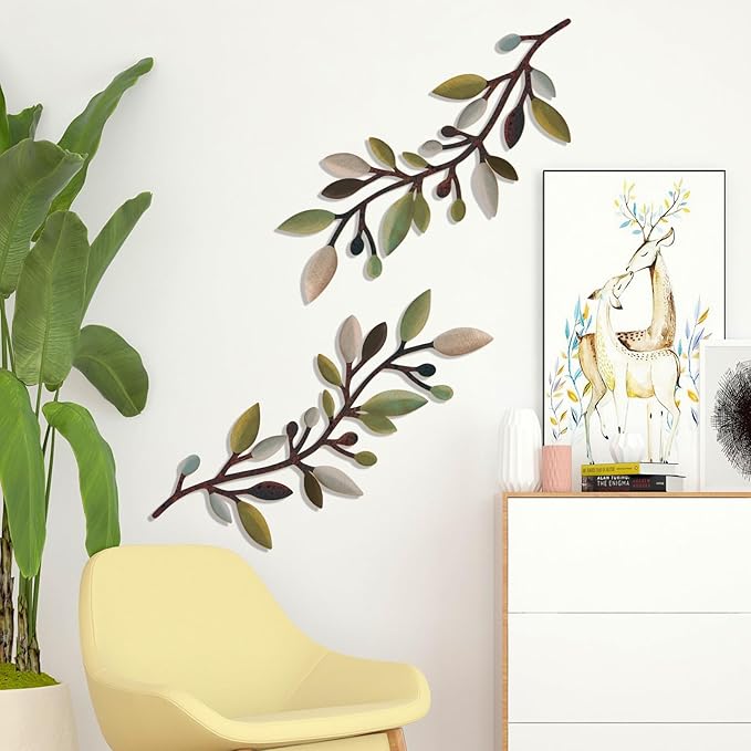 Zzbakress 2 Pcs Colorful Tree Leaf Wall Art Decor Vine Home Wall Decor Olive Branch Leaf Wall Decoration Large Wall Decor for Bedroom, Living Room, Wall Sculptures Indoor Outdoor (Unique)