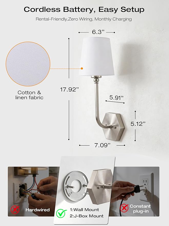 CLOUDY BAY 10000mAh Battery Operated Wall Sconces,Up to 100 Hours with Rechargeable RGB Dimmable Magnetic Bulb,Cordless Wall Lighting Fixtures with Remote for Bedroom,Brushed Nickel,2 Pack-17.9inch