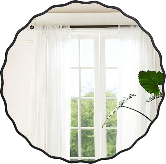 Black Bathroom Mirror for Wall, 24 Inch Round Wavy Mirror with Wood Frame for Bathroom Bedroom Living Room or Entryway(24")