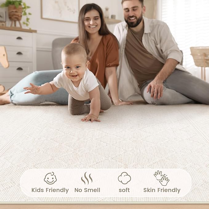 pmtsns 4x6 Geometric Rug: Washable Boho Moroccan Throw Rug Neutral Modern Farmhouse Indoor Soft Non Slip Ultra Thin Printed Pattern Rugs for Kitchen Bedroom (Beige, 4'x6')