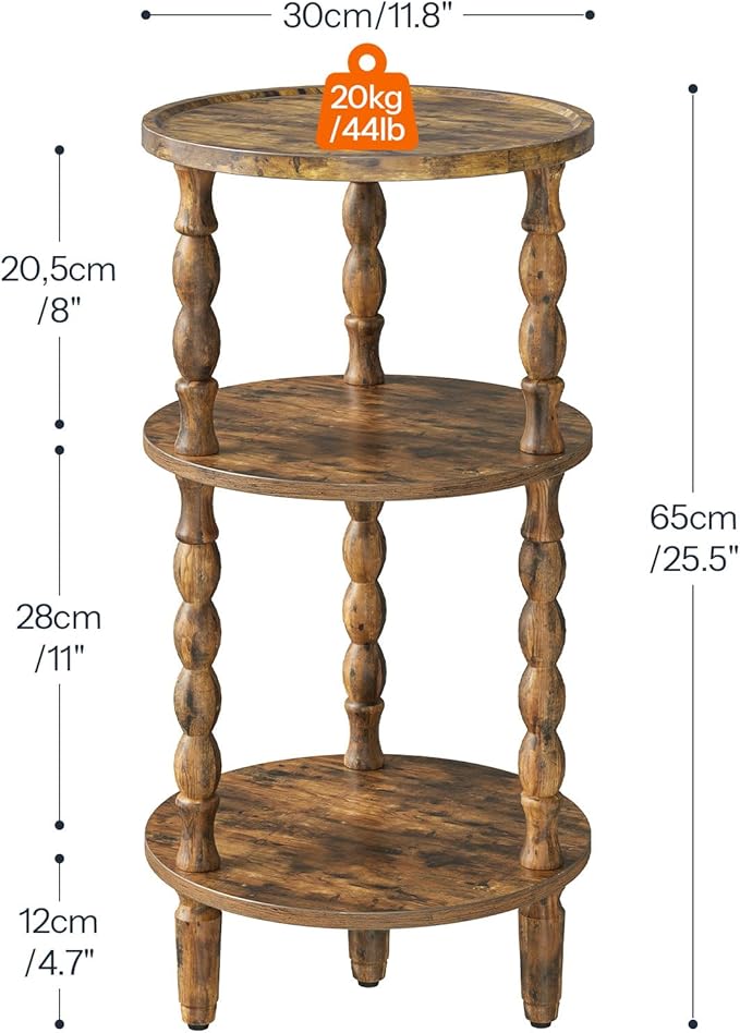 HOOBRO Round Side Table for Small Space, 3-Tier Small Round End Table with Rubberwood Leg, Accent Bedside Table, Circle Nightstand, Living Room, Bedroom, Sofa Couch, Rustic Brown FG218BZ01