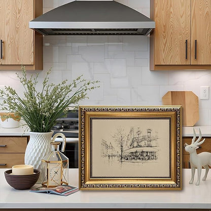 WZGZXU Vintage Gold Framed Wall Art Autumn Paris Cafe Wall Decor French Bistro Canvas Art Paintings Street Sketch Picture Antique Drawing Artwork For Dining Room Kitchen 8x10in