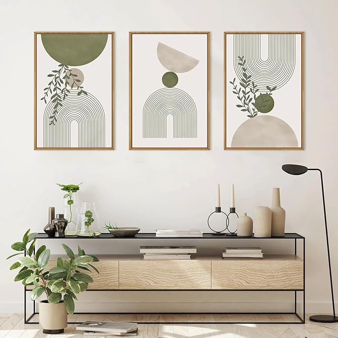 ANHUIB Boho Abstract Wall Art Canvas,Sage Green Wall Decor Framed,Geometric Line Art Prints Leaves,Minimalist Artwork Botanical,3 Piece 24x36In Beige Nature Painting for Living Room Bedroom