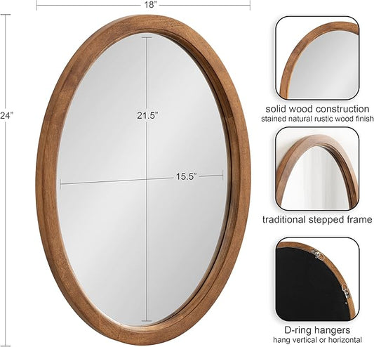 Kate and Laurel Hogan Farmhouse Oval Framed Wall Mirror; 18 x 24; Natural Rustic; Decorative Traditional Wood Mirror with Soft Curvature and Oval Shape