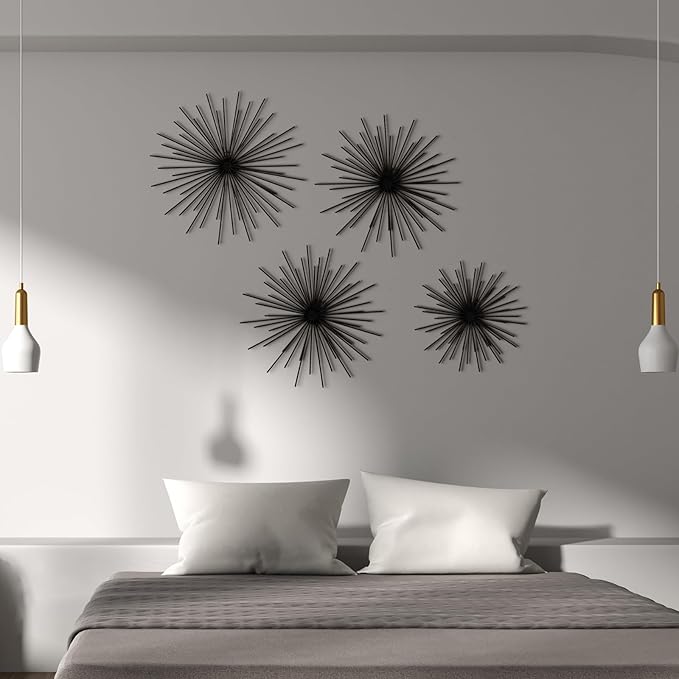 Shimeyao 4 Pcs Metal Starburst Wall Decor Black Metal Wall Art 3D Spike Bling Finish Star Burst Hangings Accents Sculptures Set Modern Mid Century Decorations for Living Room Bedroom Entryway