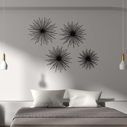 Shimeyao 4 Pcs Metal Starburst Wall Decor Black Metal Wall Art 3D Spike Bling Finish Star Burst Hangings Accents Sculptures Set Modern Mid Century Decorations for Living Room Bedroom Entryway