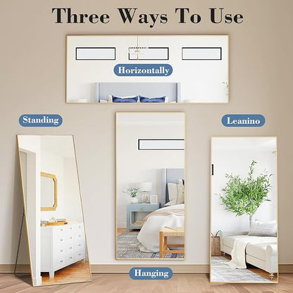 DUMOS 64"x21" Full Length Mirror with Stand, Floor Standing Aluminum Frame, ShatterProof Nano Glass for Bedroom, Living Room, Cloakroom Modern Simple Home Decor, Can Be Hanging, Leaning or Wall, Gold