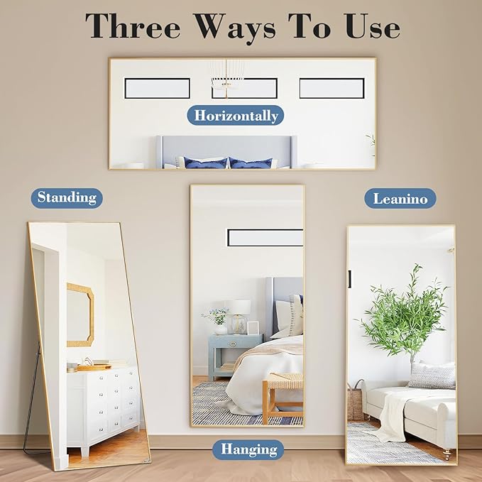 NEWBULIG Mirror Full Length, 56"x21" Body Wall Mirrors with Shatter-Proof Glass, Upgraded Floor Standing Mirror, Hanging or Leaning, with Stand Aluminum Alloy Frame for Home Decor, Bedroom, Gold