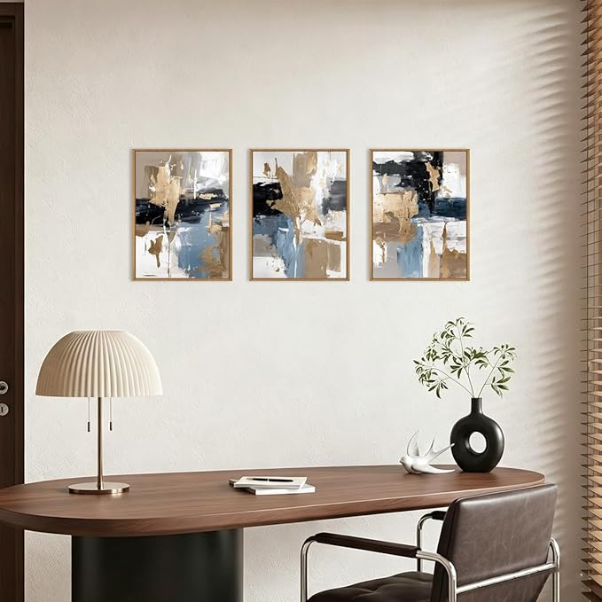 KAIRNE Blue and Gold Abstract Framed Canvas Wall Art Set,Minimalist Brush Strokes Wall Decor,Modern Textured Art Prints,Neutral Brown Black Artwork for Living Room,Bedroom,Farmhouse,Office-12 x16 x3