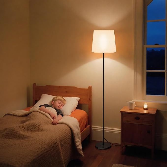 SIBRILLE Floor Lamp with White Shade, 62" Dimmable LED Standing Lamp with Remote, 9W E26 Bulb Included, 3000-6000K, Modern Floor Reading Light for Bedroom Living Room Office Corner, Black Pole