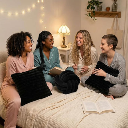 Tegeme Set of 3 Knot Pillow Ball and 18" Throw Pillowcases Fuzzy Striped, Soft Knotted Home Decor Pillow, 2 Faux Fur Cushion Covers Aesthetic Cushion and Cases for Sofa Bed Bedroom Living Room(Black)