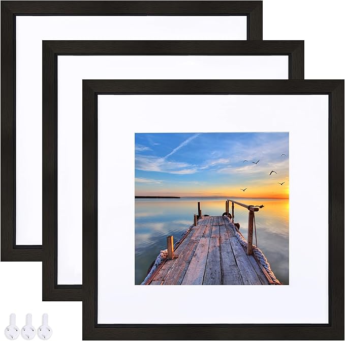 Hongkee 12x12 Black Picture Frame set of 3, Made of Glass and Wooden Square Photo frame - Displays Picture 8x8 With Mat or 12 x 12 Without Mat, Desktop & Wall Collage Photo Frame