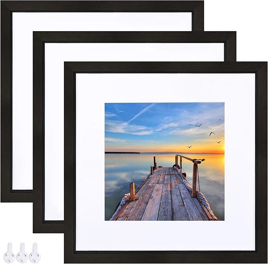 Hongkee 12x12 Black Picture Frame set of 3, Made of Glass and Wooden Square Photo frame - Displays Picture 8x8 With Mat or 12 x 12 Without Mat, Desktop & Wall Collage Photo Frame