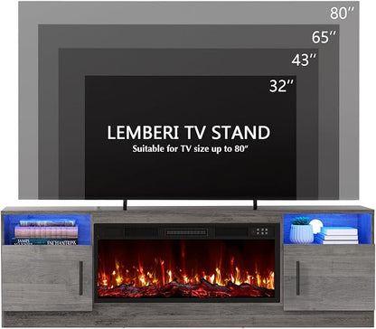 Lemberi Fireplace tv Stand with 36 inch Fireplace Up to 80" TVs,LED Light Entertainment Center and Storage, 70" Modern Wood Media TV Console with Highlight Cabinet for Living Room (Gray)