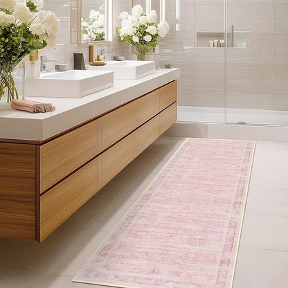 Pink Hallway Runner 2x6, Low Pile Aesthetic Bedside Runner for Bedroom Girls Kids Nursery Dorm, Kitchen Runner Rugs Non Skid Washable, Carpet Runners for Entryway/Foyer/Bedroom/Laundry Room