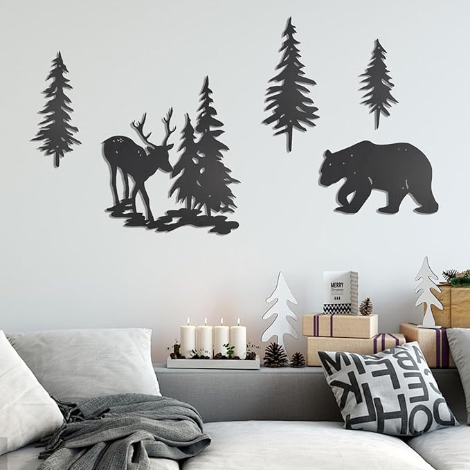 OYEFLY 5 Pieces Deer Bear Pine Tree Wall Decor,Rustic Wood Art Wall Decor (Black)