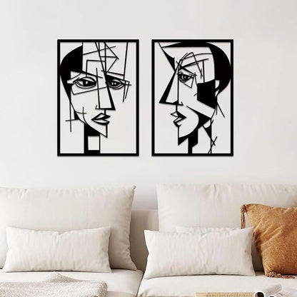 ESTART 2 Pieces Abstract Lover Faces Metal Wall Decor, Modern Minimalist Single Line Geometric Hanging Wall Art, Black Metal Wall Sculptures for Home Living Room Bedroom Bathroom Kitchen 24x15.7 IN