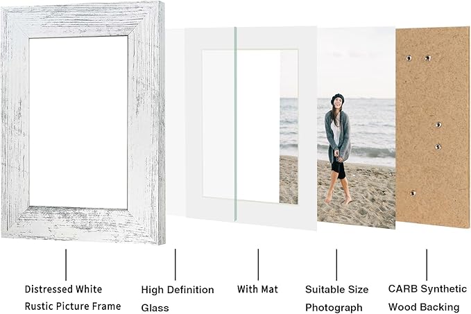 iRahmen 4x6 Picture Frame Set of 2, Distressed White Wood Photo Frame with HD Glass - Display Pictures 3.5x5 with Mat or 4 x 6 without Mat for Horizontal or Vertical Tabletop and Wall Mounting