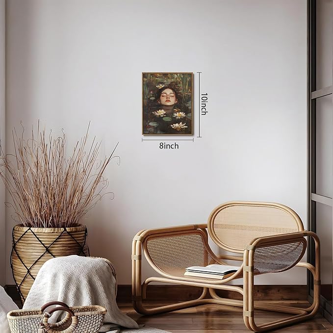 WALLZK Vintage Framed Wall Art Lotus Pool Canvas Prints Woman Portrait Artistic Painting Decor Artwork for Walls Living Room Bedroom Bathroom 8"x10"