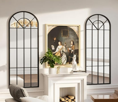Degfig Arched Full Length Mirror with Grids, 71"X32", Arched Window Pane Wall Mirror, Floor Standing Mirrors, Farmhouse Long Full Body Mirrors Wall Mounted for Living Room, Bedroom, Entryway, Black