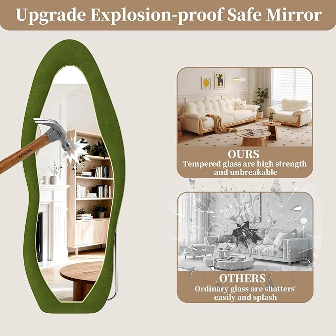 Full Length Mirror, 63"x24" Full Body Mirrors, Flannel Floor Mirrors with Stand, Irregular Wavy Mirror Hanging or Leaning Against Wall for Bedroom Living Room, Green