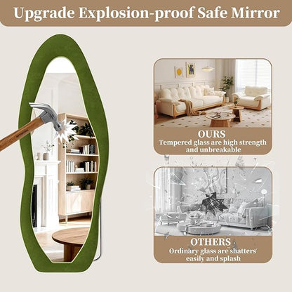 Full Length Mirror, 63"x24" Full Body Mirrors, Flannel Floor Mirrors with Stand, Irregular Wavy Mirror Hanging or Leaning Against Wall for Bedroom Living Room, Green