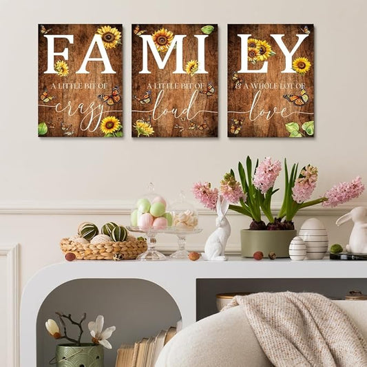GUBIYU Farmhouse Family Wall Art Set of 3, Rustic Family Wall Decor for Living Room & Dining Room, Retro Brown Wood Wall Art with Butterfly & Sunflower Design, 24"x36"