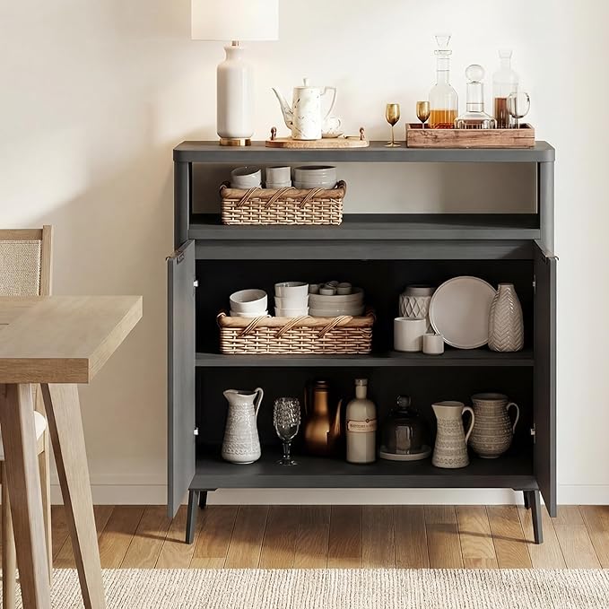 Fatmok Fluted Buffet Cabinet with Storage Set of 2, 31.4" Wide Wood Sideboard Credenza with 2 Doors & Open Storage Shelf, Modern Coffee Bar Table for Living Room Kitchen Dining Room,Black Grey